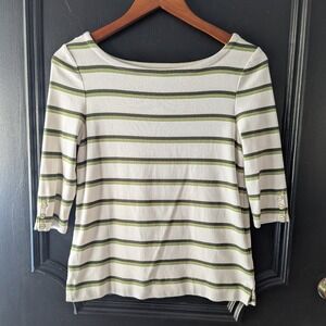 Tabitha Webb Striped Boat Neck 3/4 Sleeve Top Green White Women's S Butter Soft